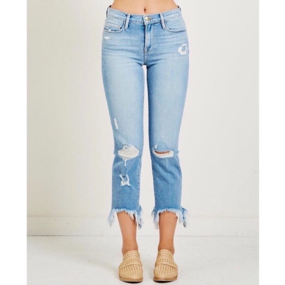 Frame Womens Le Nouveau Straight Leg Jeans 32 Blue Light Wash Raw Hem Distressed